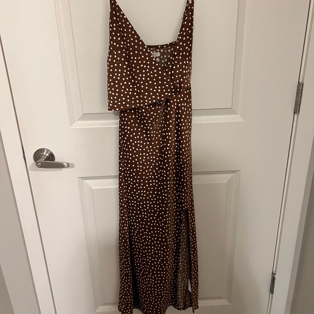 Brown and white polka dot silk midi